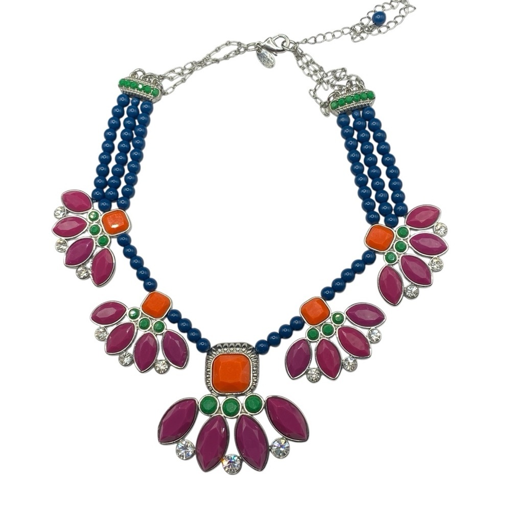 LIA SOPHIA Flamenco Statement Necklace Blue Pink Silvertone Multi Colors